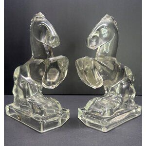 Vintage L.E. Smith Glass Rearing Horse Bookends Heavy Clear Figurine 7" Tall MCM